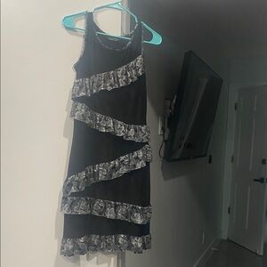 Chic Black and Gray Ruffle Mini Dress flowy, feminine,